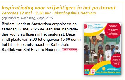 Inspiratiedag voor vrijwilligers in het pastoraat zaterdag 17 mei